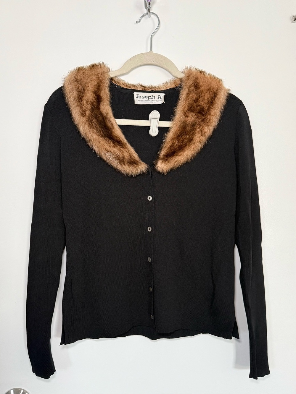 Joseph A. Black Cardigan Sweater with Faux Fur Collar